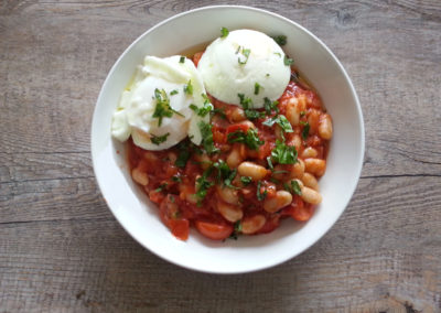 White Beans Poached Eggs in Tomato broth
