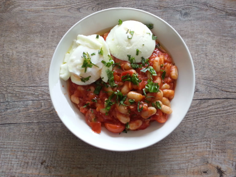 White Beans Poached Eggs in Tomato broth