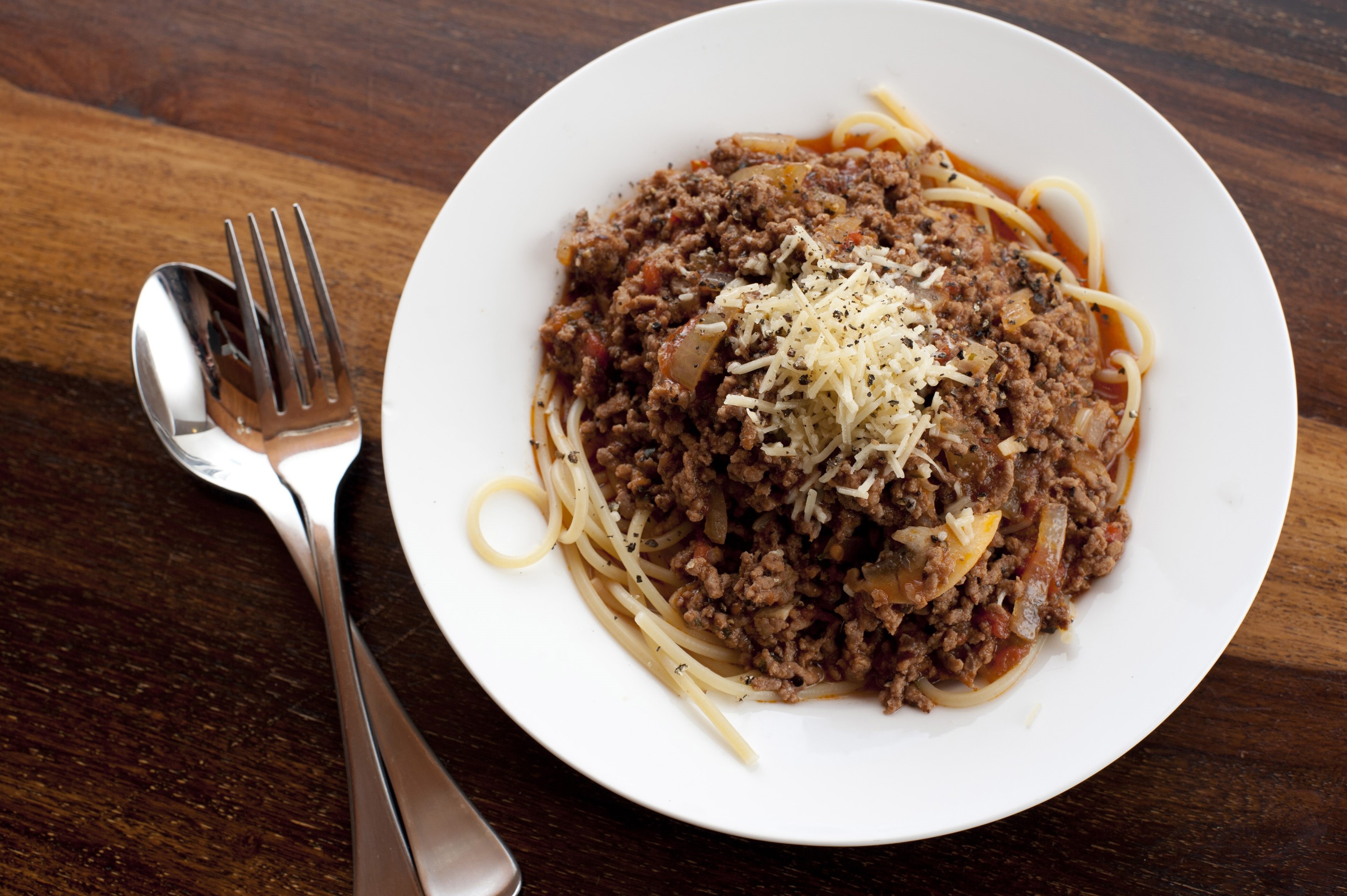 Overhead view of spaghetti bolognese