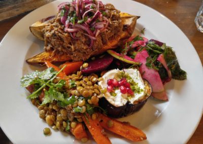 Smoked lamb, beet salad, roasted eggplant, lentil and  salad