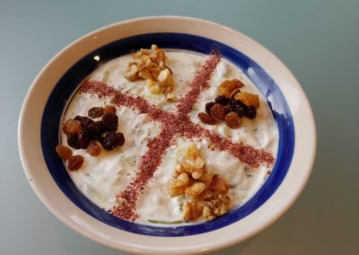 Yogurt dip. Rose petals, mint.